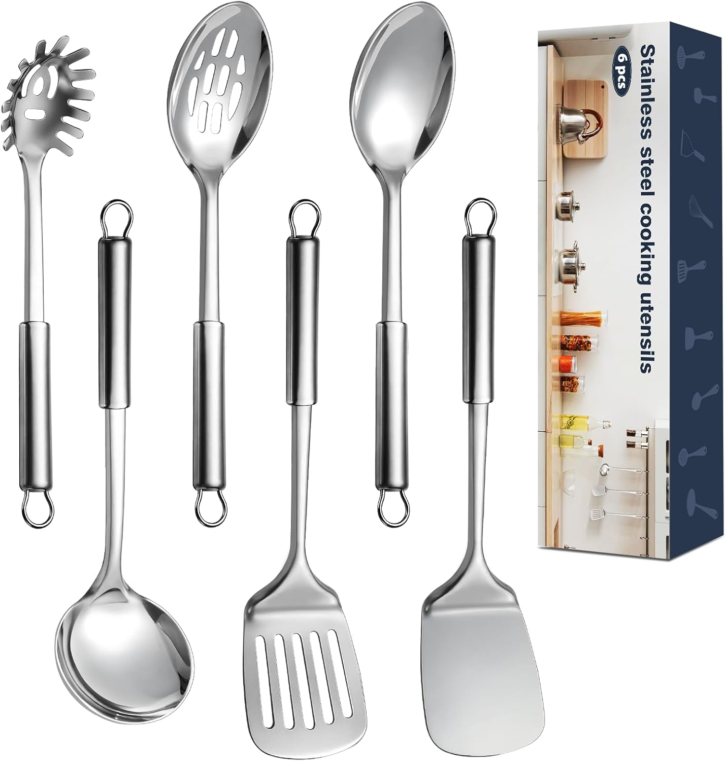 9 Pcs Cooking Utensils Set, Stainless Steel Kitchen Utensils, Heat Resistant Metal Kitchen Tools Include Solid & Slotted Spatula, Serving Spoon, Ladle, Pasta Server,Potato Maseher, Egg Whisk, Silver