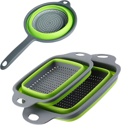 Square Collapsible Colander Set,Save Storage Space Collapsible Colander Strainer with Handle,for Kitchen and Travel Use (Green)