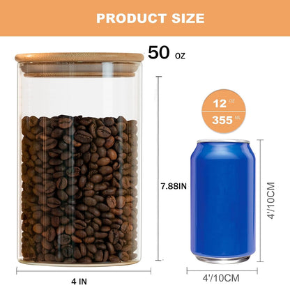 Glass Food Storage Jars 37 oz Set of 6,Glass Storage Containers Clear Glass Food Canister with Bamboo Lid Airtight For Serving Tea, Coffee, Flour, Sugar, Candy, Cookie, Spice and More (Square)