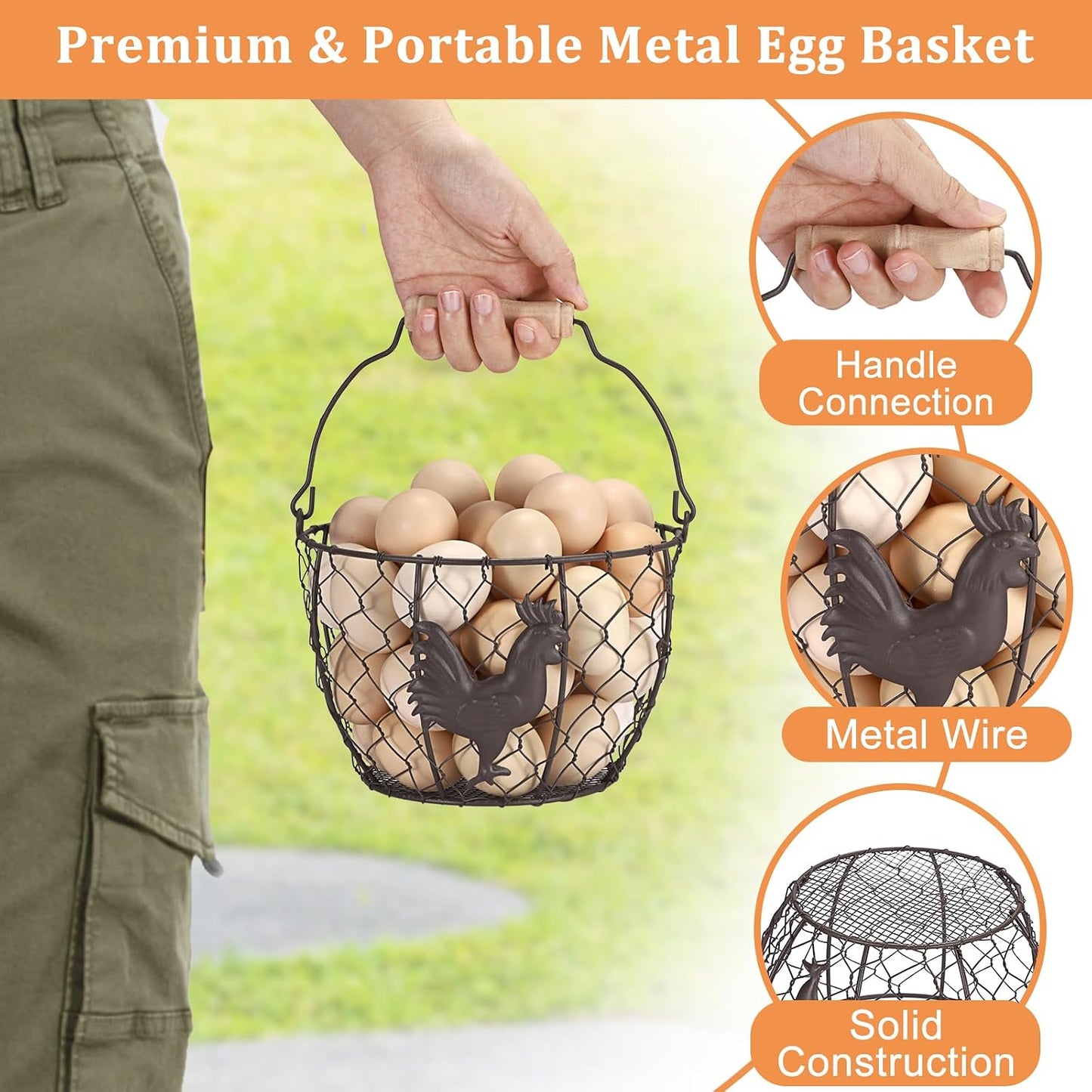 3 PCS 8’’ Farmhouse Egg Collecting Basket with Wood Handle, Rustic Metal Wire Chicken Eggs Holder Basket for Countertop Kitchen, Wire Egg Basket Vintage Style, Round, Rooster Pattern