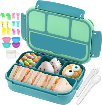 QQKO Bento Lunch Box for Kids Girls Boys, Toddler Kids Lunch Boxes for School, Lunch Containers for Adults with 4 Compartments, Sauce Container, Utensils, Food Picks and Muffin Cups, Purple
