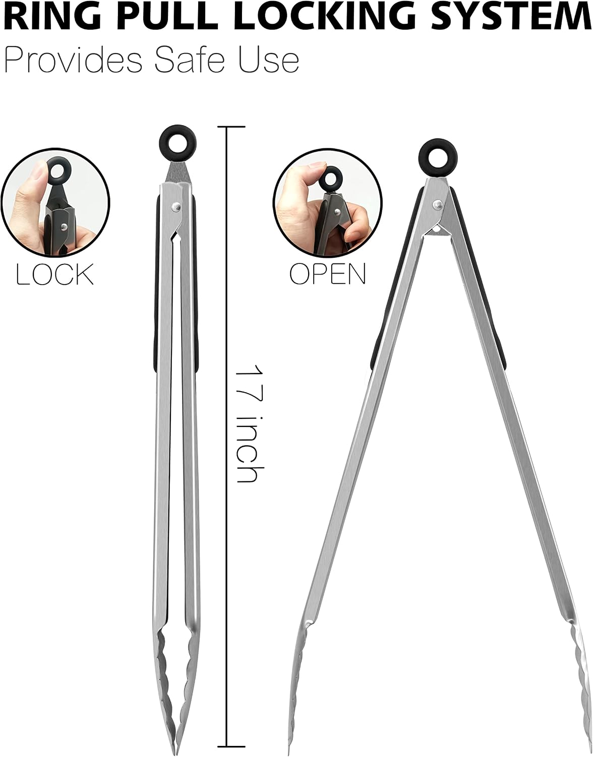 Anaeat Premium Kitchen Locking Tong Set of 3 - Heavy Duty Stainless Steel Food Tongs with Long Handle & Non-Slip Silicone Grip for Cooking, Baking, Grilling - Heat Resistant up to 480°F