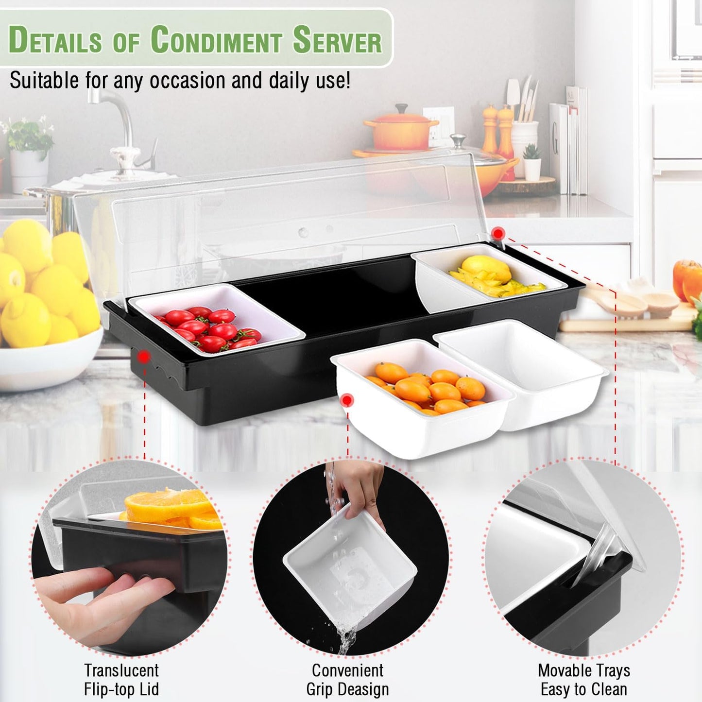 V·RESOURCING Ice Chilled Condiment Caddy,4 Containers(27oz) with Ice Chamber,Ice Cooled Condiment Serving Container with Lid for Salar Bar,Fruit,Veggie,Candy,Snack,Sauce