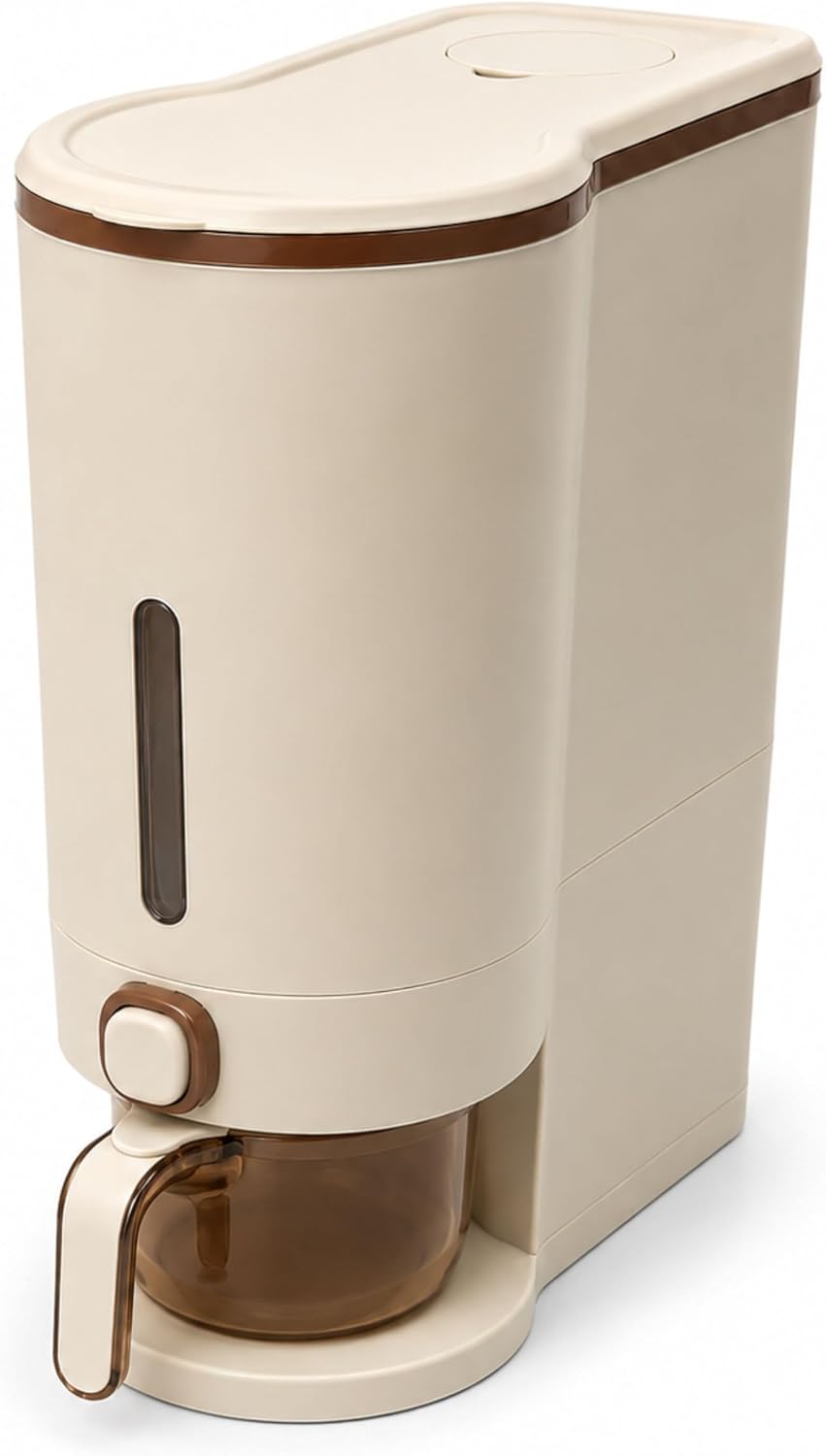ROOM127 Slim Rice Dispenser 11 Lbs, Airtight Rice Storage Container with Measuring Cup, One-Touch Dry Food & Cereal Dispenser with Clear Window for Kitchen Countertop, Milk Tea Brown