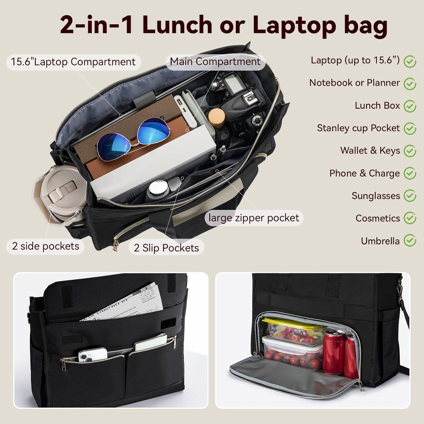 PASMAN Insulated Lunch Bag for Women, 15.6" Laptop Tote with Leakproof Cooler Compartment for Nurse Teacher Work Office and Outdoor