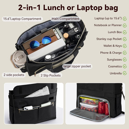 PASMAN Insulated Lunch Bag for Women, 15.6" Laptop Tote with Leakproof Cooler Compartment for Nurse Teacher Work Office and Outdoor