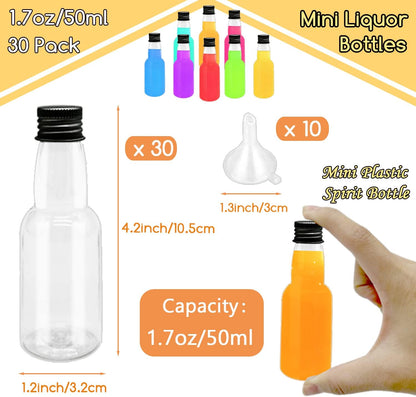 1.7oz Mini Liquor Bottles,50ml Plastic Spirit Alcohol Bottle with Black Cap,Miniature Sauce Bottles with 10 Funnels for Weddings,Party Supplies