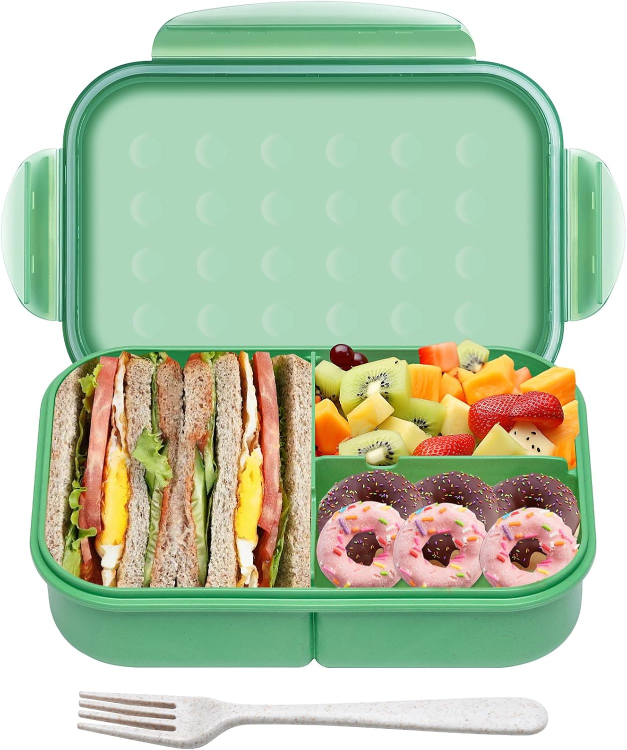 Itopor Classic Wheat Straw Bento Box, Leak-Proof 3-Compartment Lunch Box for Adults & Older Kids, BPA-Free Meal Prep Food Container with Fork, Microwave & Dishwasher Safe, 5.5 Cup, Sage Green