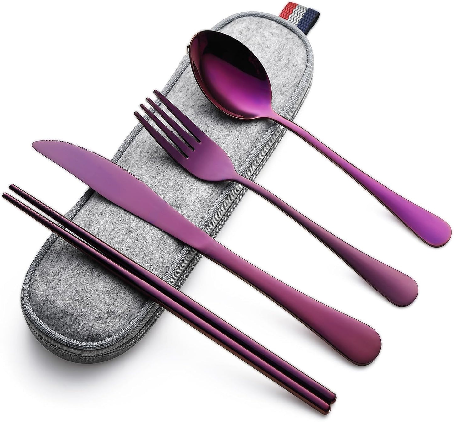 DEVICO Camping Utensils, Full-Size Reusable Silverware for Lunch Adult, Stainless Steel Travel Cutlery Set with Case, Portable Fork Spoon Knife Set for Work, Flatware with Chopsticks (Rainbow)