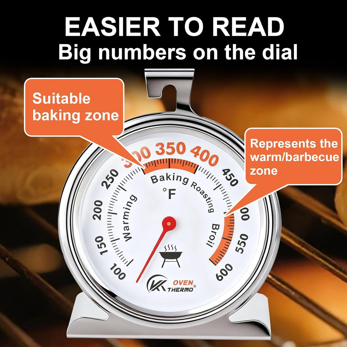 Oven Thermometer 3-Inch Large Dial, 100-600°F, Hook & Stand 2‑Pack