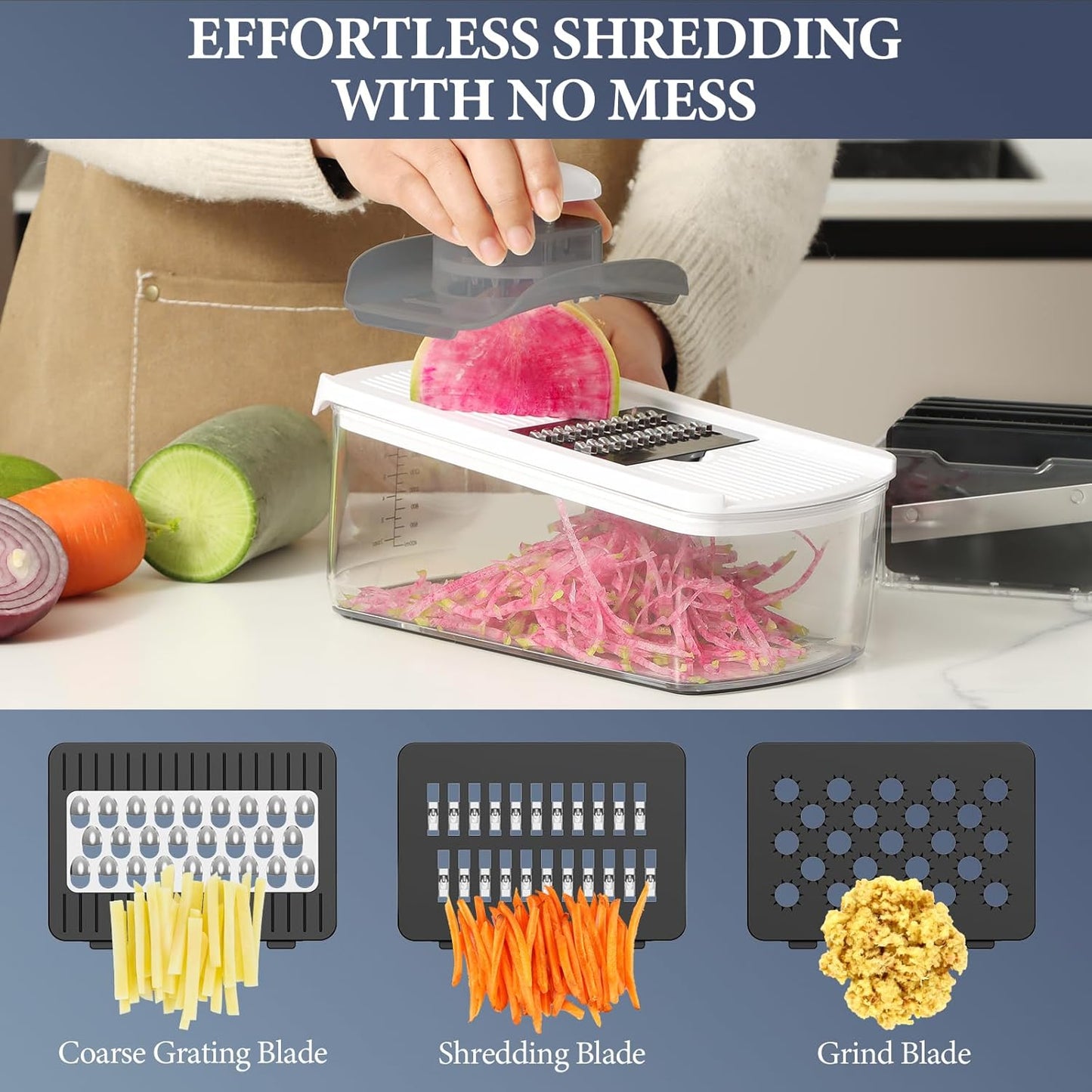 Ourokhome Mandolin Slicer for Kitchen Food, Hand Safe Vegetable Shredder with 6 Mandoline Blades, Veggie Waffle Cutter for Potato, Carrot, Zucchini, Onion, Essential Kitchen Gadgets (6 in 1, Gray)