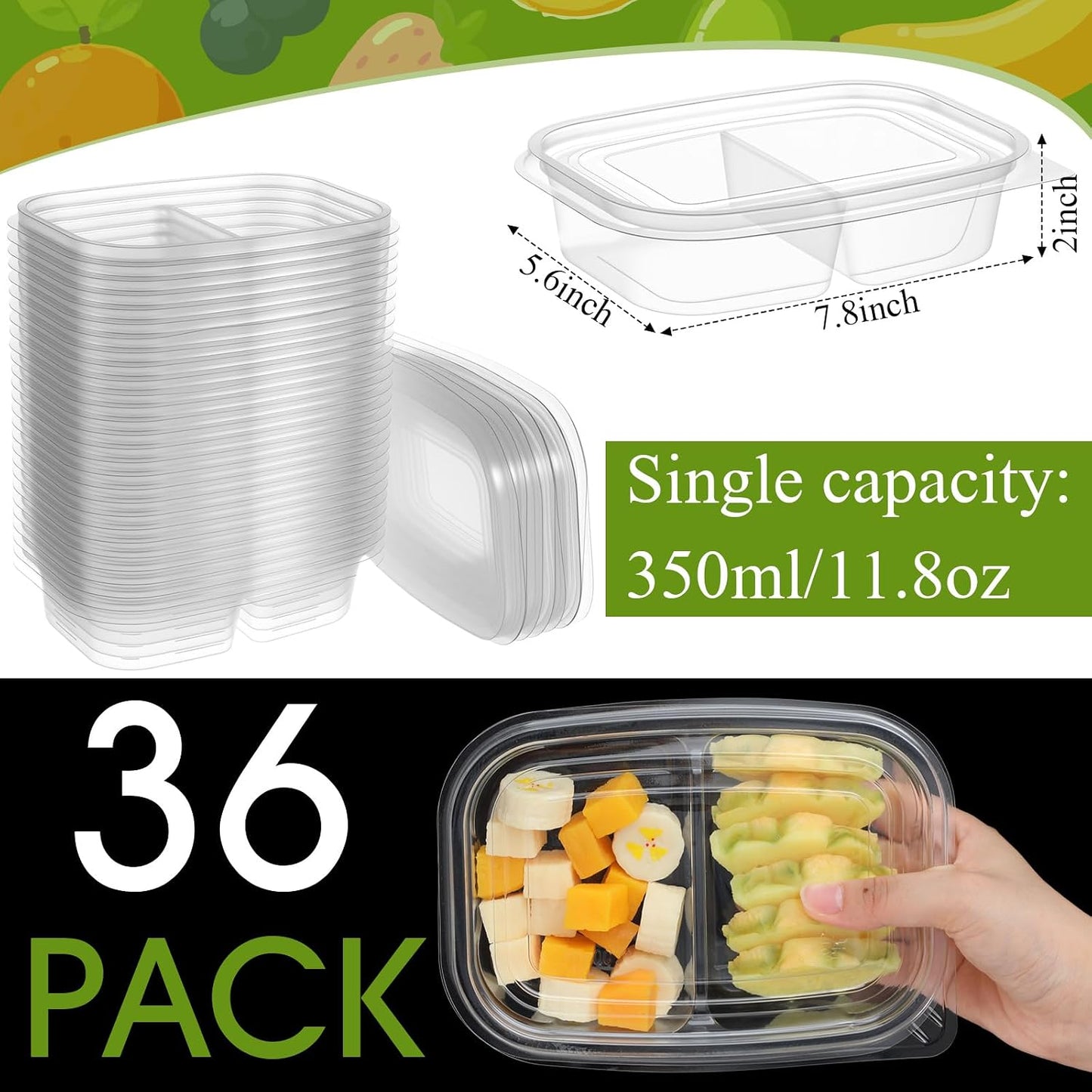Chunful 36 Pcs 3 Compartment Transparent Snack Containers with Lids Disposable Bento Box Plastic Food Meal Prep Containers for Condiment Salad Dipping School Work Lunch
