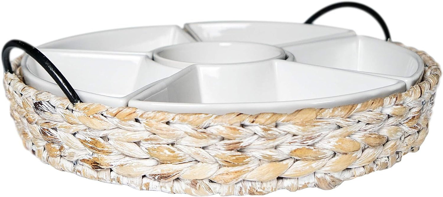 Ceramic Serving Tray, Food Tray 15.5 x 15.5 Inches,Divided Serving Platter with 6 Removable Dishes, Portable Handle Cattail Serving Bowls,Perfect for or Chips and Dip,Natural