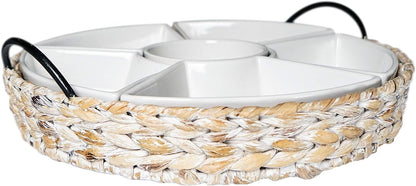 Ceramic Serving Tray, Food Tray 15.5 x 15.5 Inches,Divided Serving Platter with 6 Removable Dishes, Portable Handle Cattail Serving Bowls,Perfect for or Chips and Dip,Natural