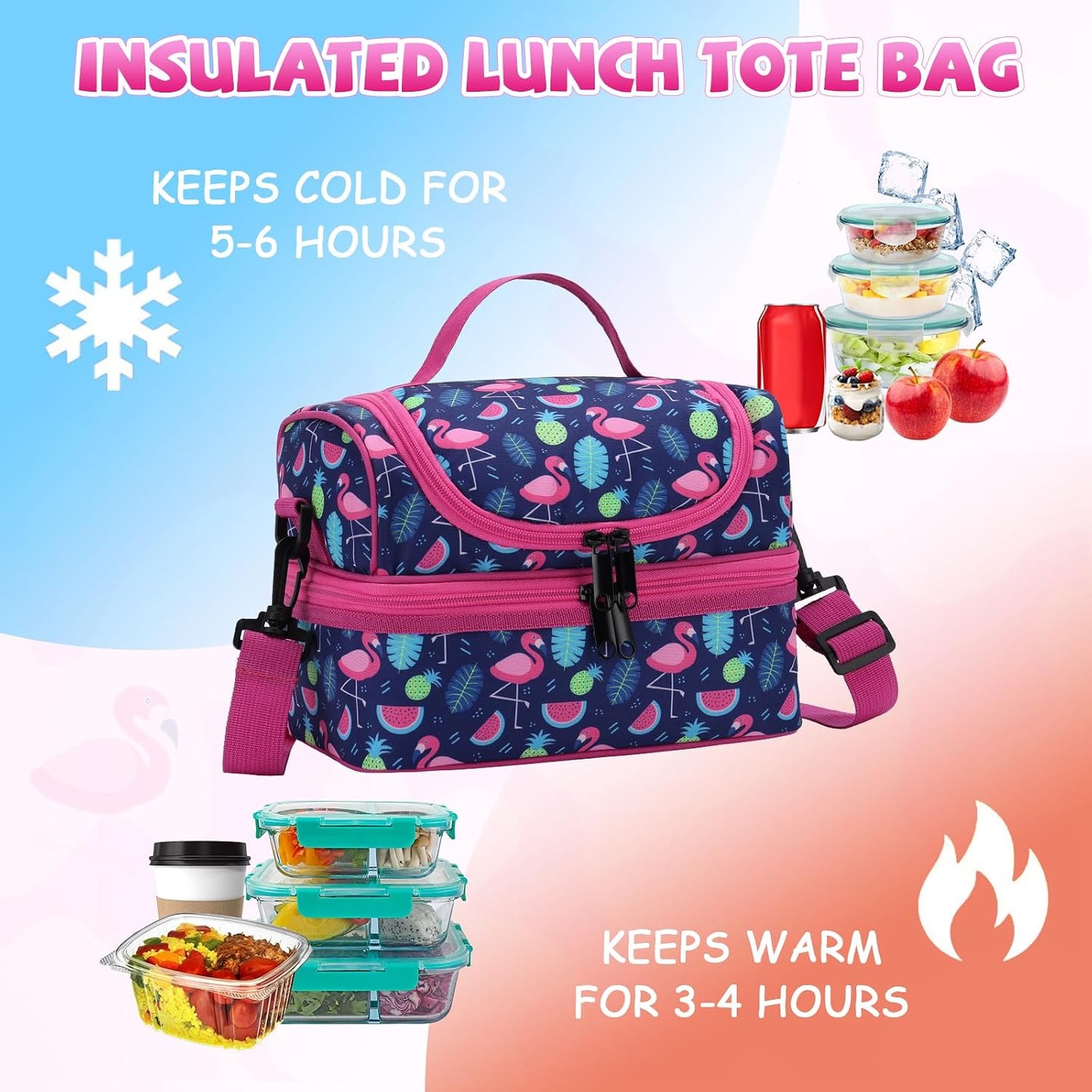 Lunch Bag for Girls,ChaseChic Insulated Lightweight Lunch Boxes for Kids Boys Dual Compartment Lunch Organizer Leak-Proof Cooler Bag with Detachable Adjustable Shoulder Strap,Purple Butterflies