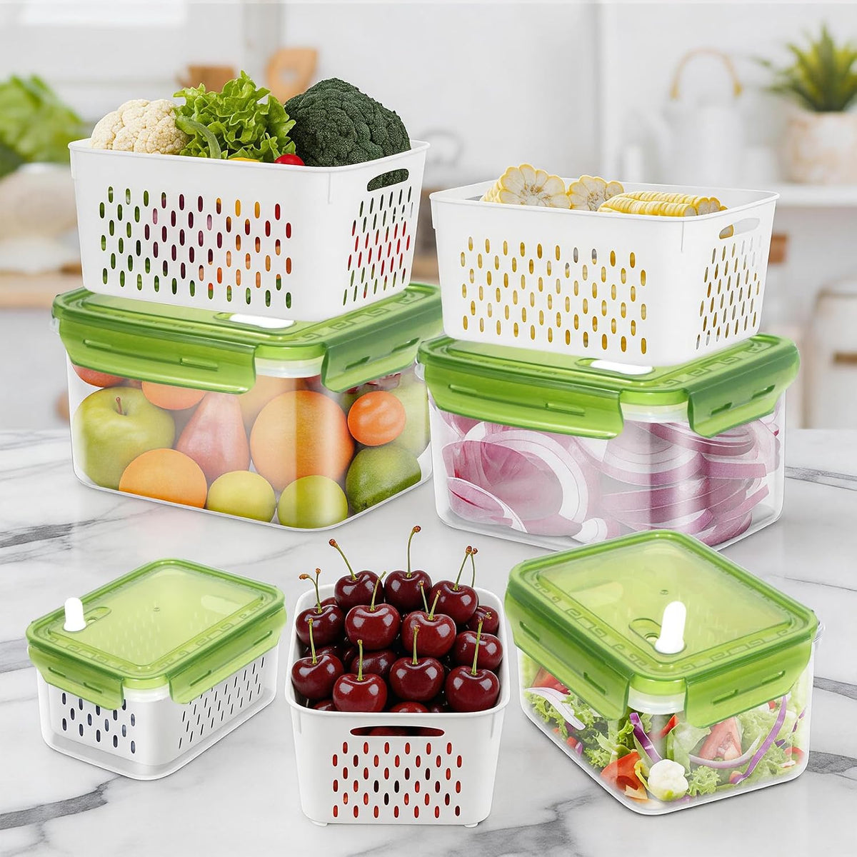 12 Pieces Fruit Storage Containers For Fridge with Removable Colanders