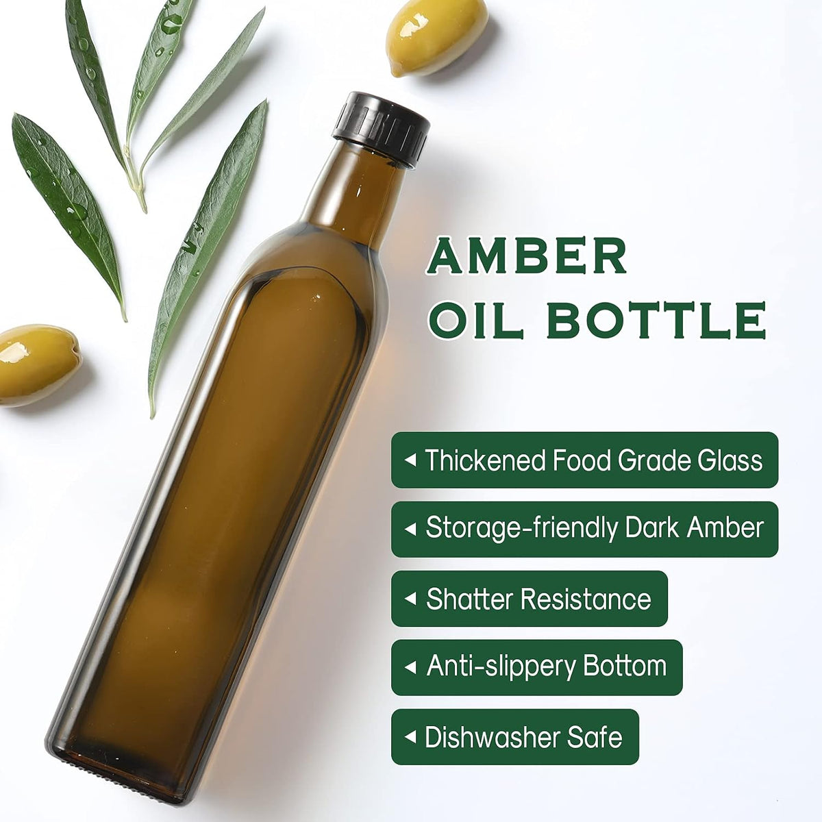 AOZITA 17oz Glass Olive Oil Bottle Dispenser - 500ml Green Oil and Vinegar Cruet with Pourers and Funnel - Olive Oil Carafe Decanter for Kitchen