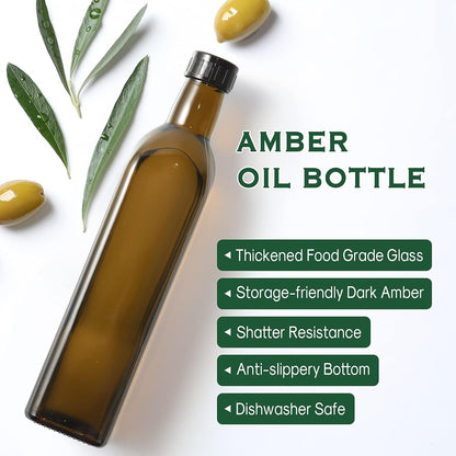 AOZITA 17oz Glass Olive Oil Bottle Dispenser - 500ml Green Oil and Vinegar Cruet with Pourers and Funnel - Olive Oil Carafe Decanter for Kitchen