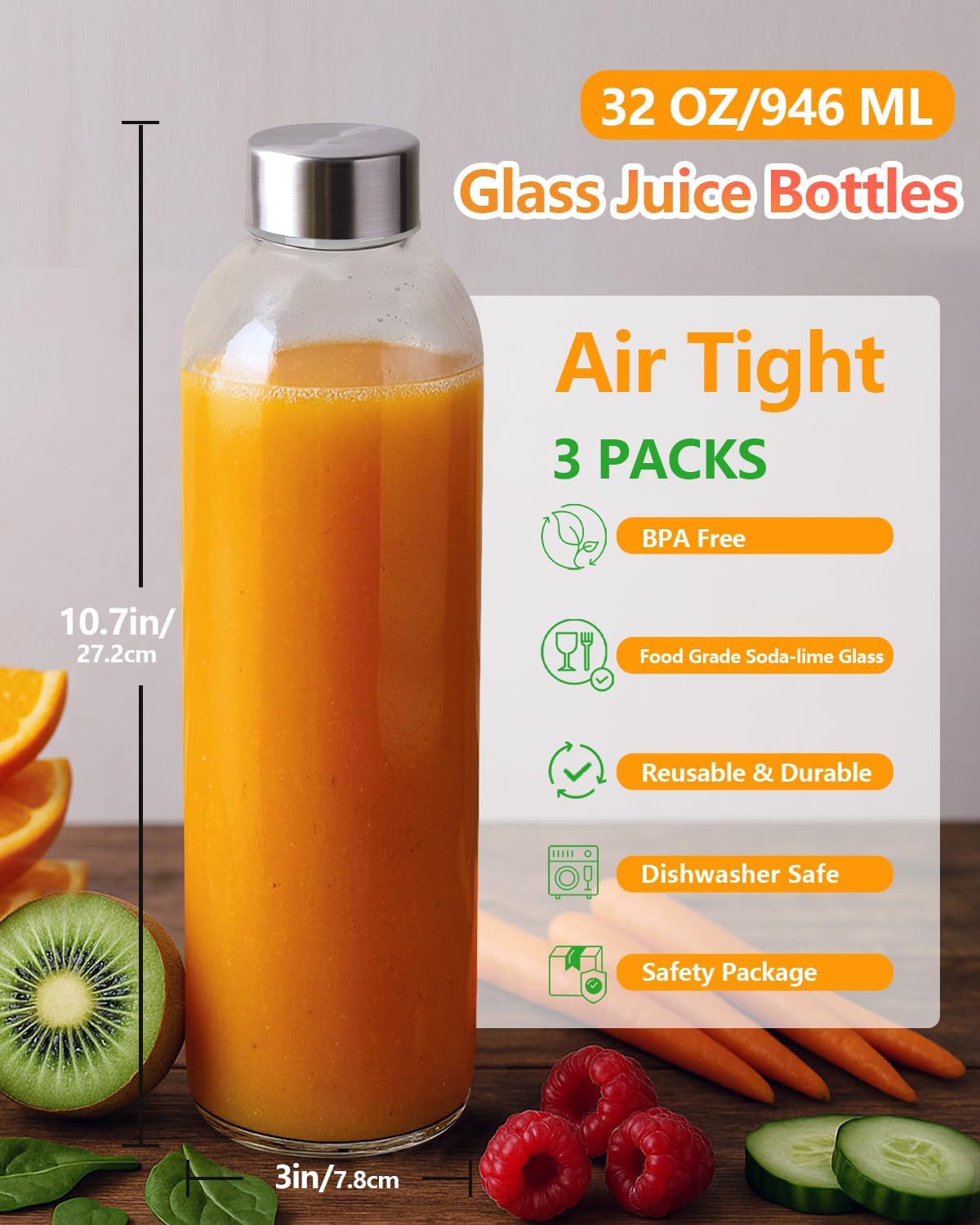Zukro Glass Juice Bottles with Lids for Juicing 18 oz, Reusable Clear Glass Water Bottles with Stainless Steel Airtight Cap for Refrigerator, 100% Leak Proof Drinking Jar, BPA Free, Set of 6
