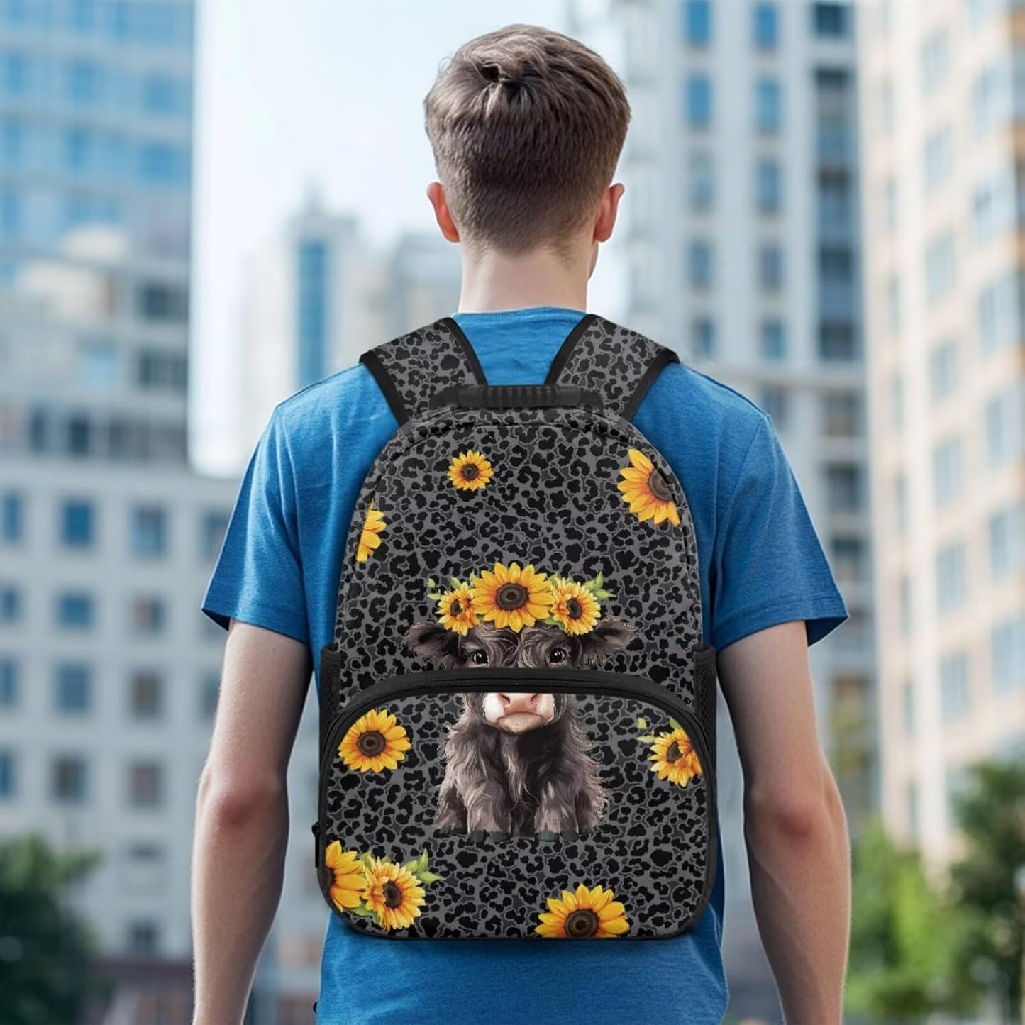 Highland Cow Backpack with Lunch Box Set for Kids Sunflower School Backpack for Girls Boys Back to School Bag Student Travel Backpacks Reusable Utensils Pen Case Water Bottle Bag 5PCS