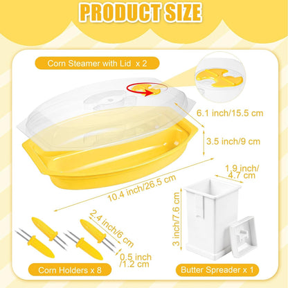 Aneco 2 Piece Microwave Corn Steamer with Lid for Frozen Corns Broccolini Vegetables Dishwasher Safe Corn on The Cob Cooker Holders Butter Dispenser, White