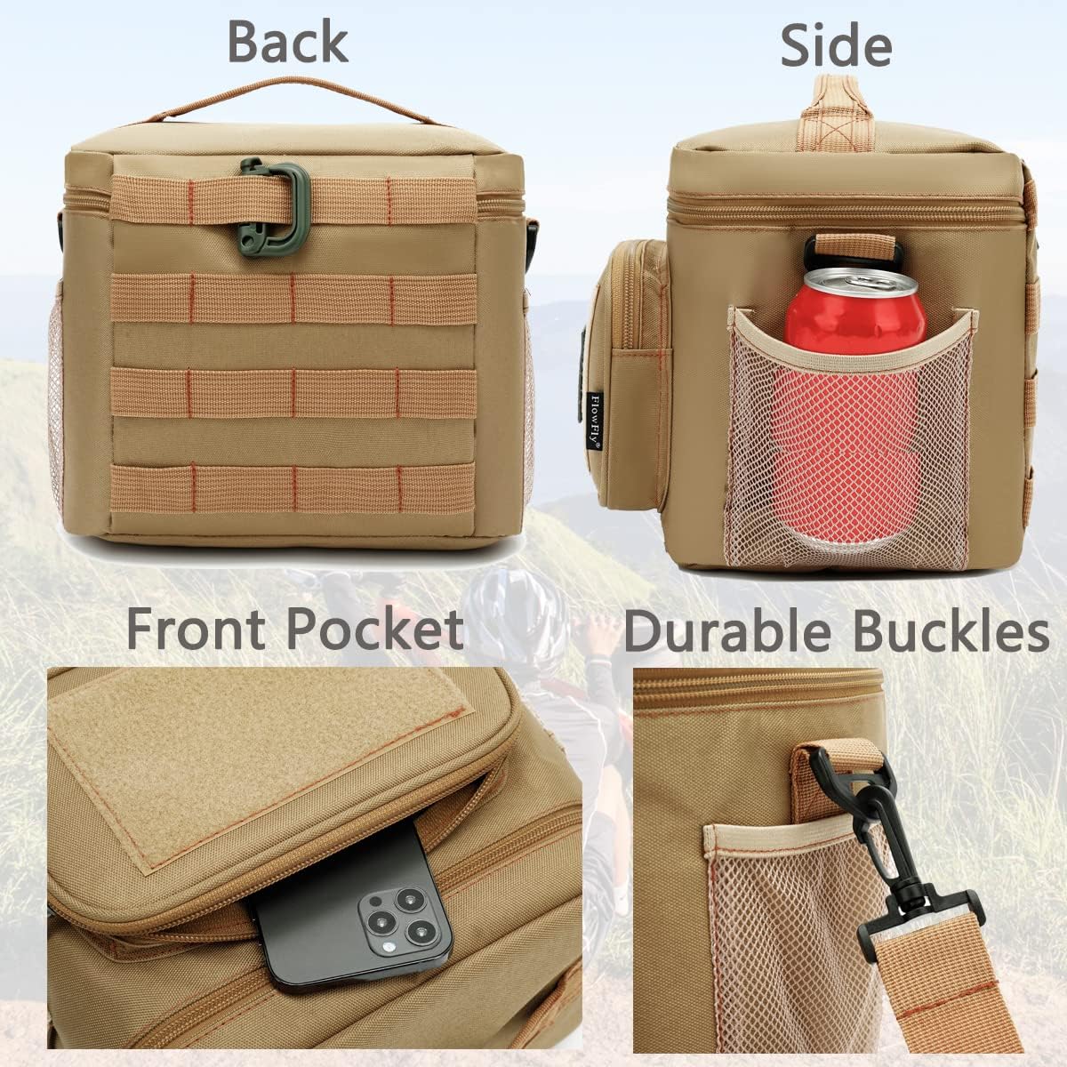 FlowFly Lunch Bag, Insulated Cooler, Thermal Lunch Box Tote with MOLLE/PALS Webbing, Adjustable Padded Shoulder Strap, for Tactical Men Women Adults and Boys Girls Kids (Cyan, Medium)