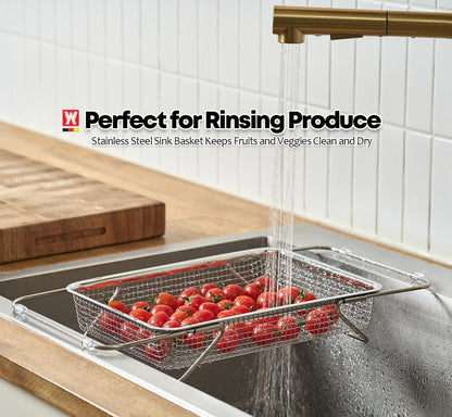WAGENSTEIGER Extendable Dish Rack with Feet, Vegetable Colander Basket, Stainless Steel Dish or Silverware Drying Rack, Ultimate Kitchen Organizer Over the Sink (11.81 x 8.27 x 2.76 Inches)