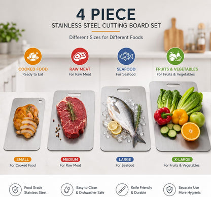 4 Pcs Stainless Steel Cutting Board, Metal Cutting Boards for Kitchen, Dishwasher Safe Chopping Board with Extra Anti-Slip Placemat (17.9"×11.8", 15.3"×11", 13.4"×9", 11.4"×7.8")