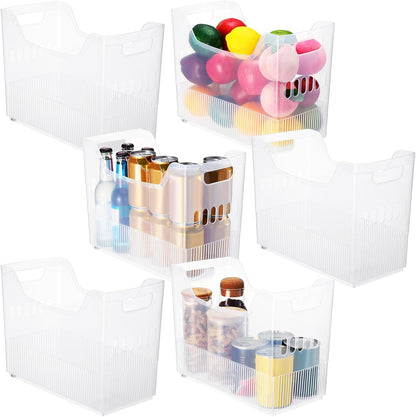 Qunclay 6 Plastic Freezer Organizer Bins with Wheel Set Clear Tall Narrow Kitchen Pantry Organizer Snack Storage Containers for Office Refrigerator(3 Sizes)