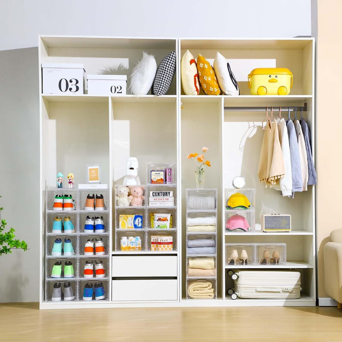 Freebat 6 Pack Closet Organizers and Storage,Clear Stackable Plastic Storage Bins with Lids Magnetic Doors,Clothes Organizers and Storage,Plastic Craft Containers for Wardrobe Kitchen Bathroom Office