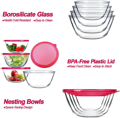 KOMUEE 4 Pack Glass Mixing Bowls Set with Lids (4.8QT, 2.9QT, 1.7QT, 0.8QT), Glass Nesting Bowls for Kitchen Baking, Cooking and Serving, Oven, Dishwasher, Freezer, and Microwave Safe