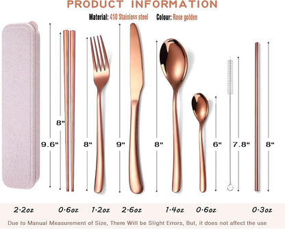 AARAINBOW 7 Pieces Stainless Steel Flatware Set Portable Reusable Cutlery Set Travel Utensils Set Including Chopsticks Knife Fork Spoon Straws Cleaning Brush Dishwasher Safe (B-Pink Golden)