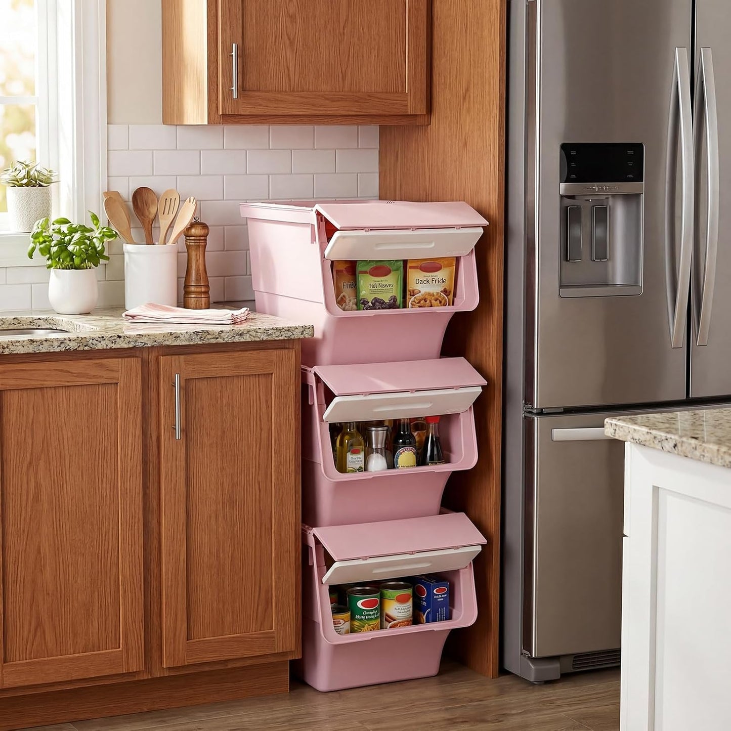 Giantex Plastic Stackable Storage Bins with Lids & Wheels, 3 Pack Open Front Stacking Bins, Organizer Bins for Pantry, Kitchen, Laundry, Closet, Playroom, Bedroom Organization (12.5 QT)