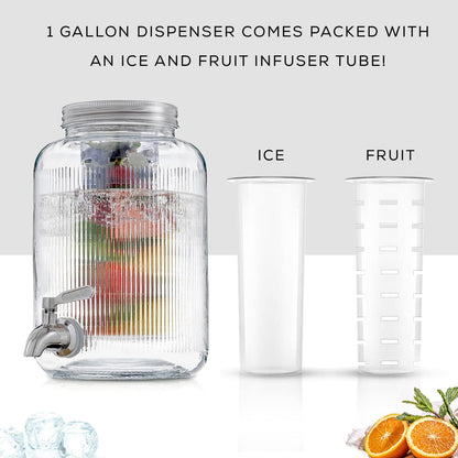 1-Gallon Drink Dispenser. Glass Beverage Dispenser with Stainless steel Spigot plus Ice Cylinder and Fruit Infuser! Water Dispenser, Lemonade Stand, Juice Container - Drink Dispensers for Parties