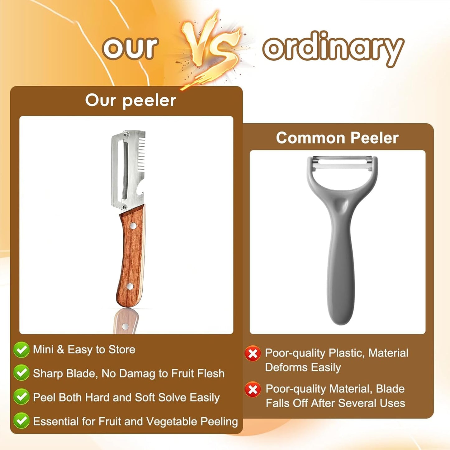 2-Pack Multifunctional Vegetable Peeler, 3 in 1 Stainless Steel Peeler with Wooden Handle, Julienne Peeler & Bottle Opener, Kitchen Vegetable Peelers for Potato, Carrot, Apple, Fruits & Veggies