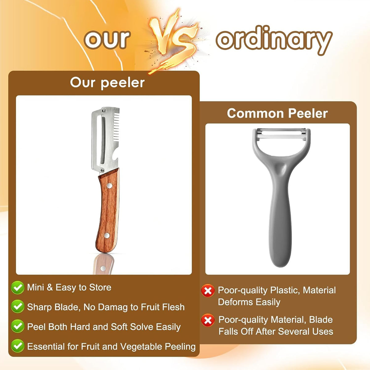 2-Pack Multifunctional Vegetable Peeler, 3 in 1 Stainless Steel Peeler with Wooden Handle, Julienne Peeler & Bottle Opener, Kitchen Vegetable Peelers for Potato, Carrot, Apple, Fruits & Veggies