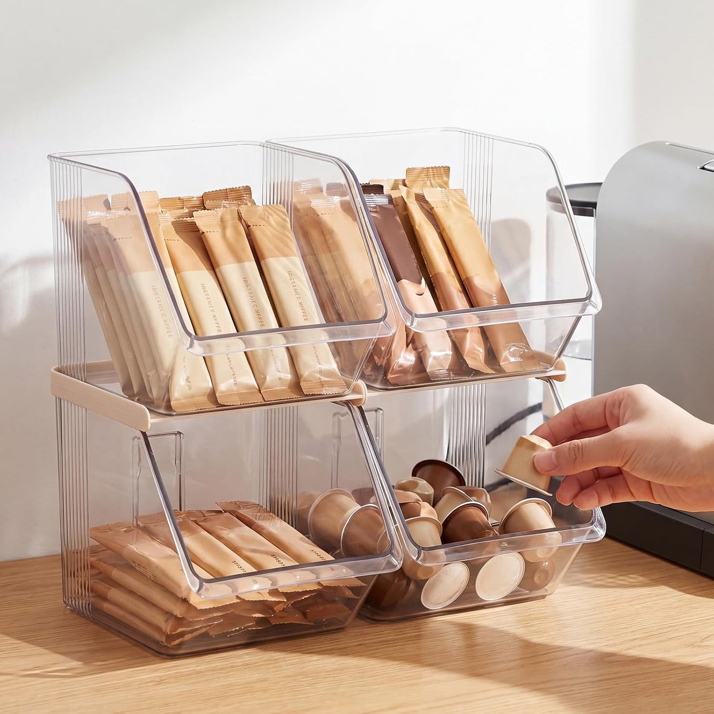 4 Pcs Clear Plastic Storage Bins Stackable Pantry Storage Organizer Kitchen Cabinet Organizers Ideal Containers for Tea Sugar Bag Coffee Pod Office Fridge Caddy