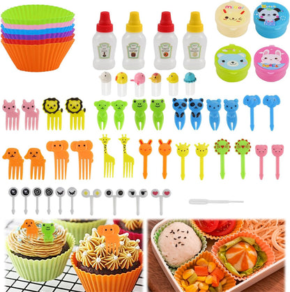 Abnaok 61PCS Silicone Lunch Box Dividers Bento Box Accessories Silicone Cupcake Liners, Lunch Box Accessories Including Food Picks Mini Condiment Bottles for Lunch Containers Accessories