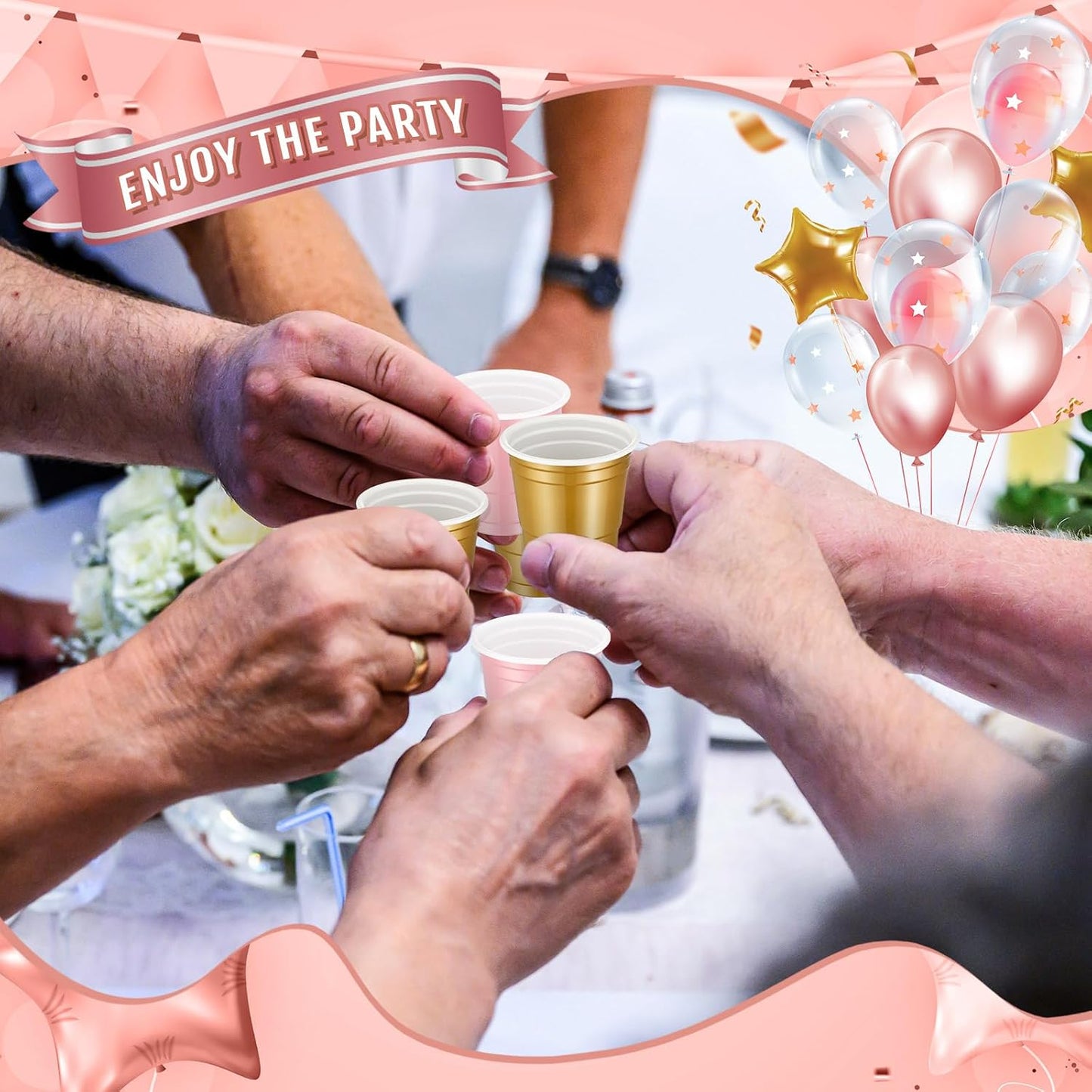 Roshtia 100 Pack 2 oz Plastic Shot Cups, Mini Disposable Shot Glasses 2 oz Wedding Party Cups for Bridal Shower Wedding Party, Beer Taste Serving, Snacks(Black, Gold)