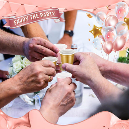 Roshtia 100 Pack 2 oz Plastic Shot Cups, Mini Disposable Shot Glasses 2 oz Wedding Party Cups for Bridal Shower Wedding Party, Beer Taste Serving, Snacks(Black, Gold)