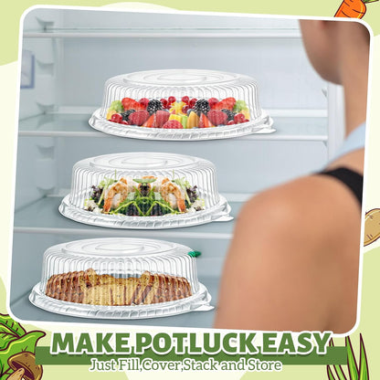 Tessco for you 12 Pack Heavy Duty Repeatedly Plastic Serving Tray with Lid and 24 Pcs Deli Wax Paper Sheets Sets Large Party Platters with Clear Lids Stackable Round Food Serving Trays (Black,16inch)