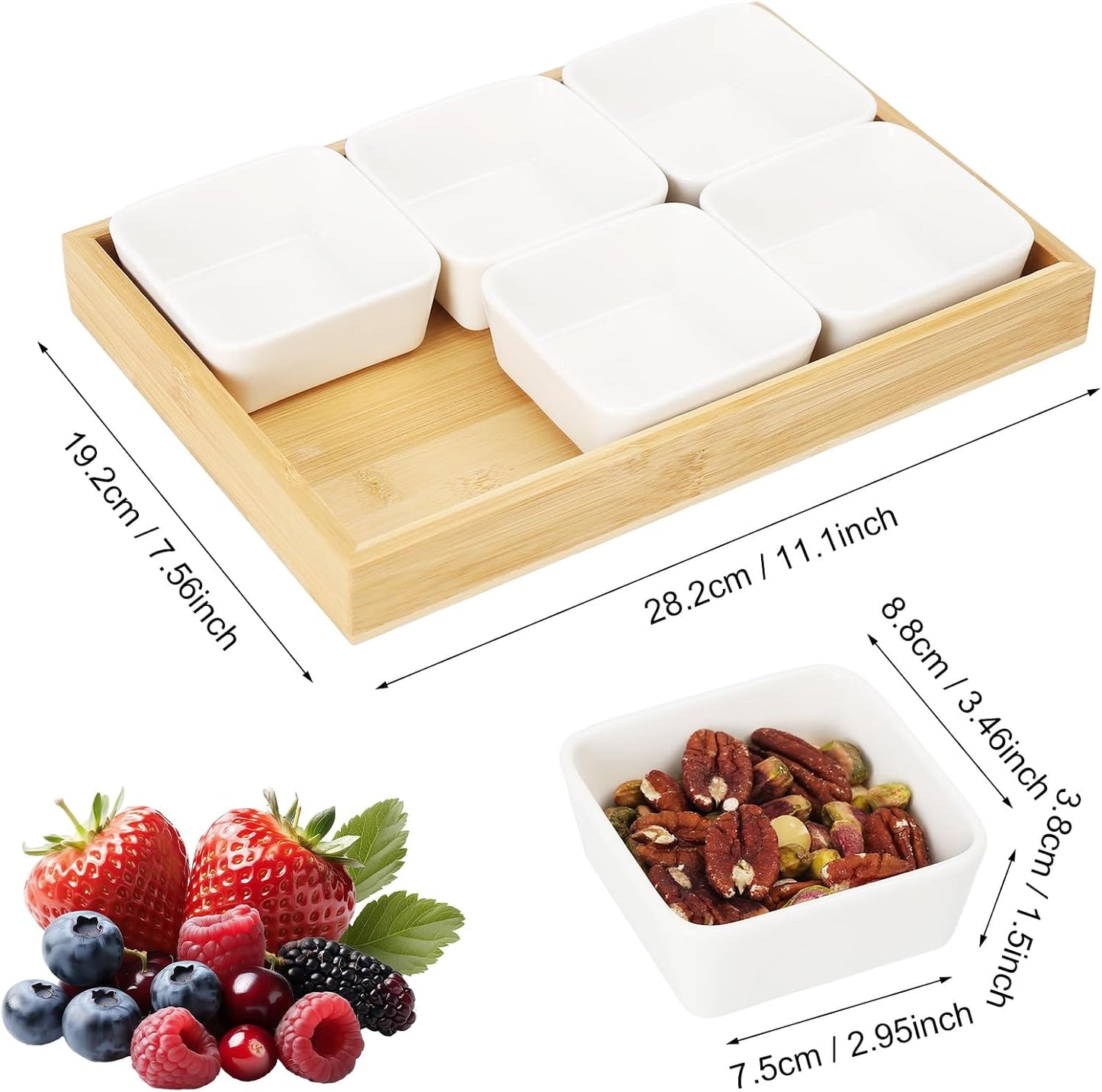 Ceramic Snack Bowls with Bamboo Tray Set,Divided Serving Bowls and Platters for Hosting & Party,Removable Serving Dishes for Chips and Dip,Fruit,Veggies,Candy and Snacks Kitchen Decor (4)