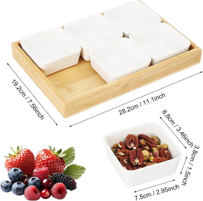 Ceramic Snack Bowls with Bamboo Tray Set,Divided Serving Bowls and Platters for Hosting & Party,Removable Serving Dishes for Chips and Dip,Fruit,Veggies,Candy and Snacks Kitchen Decor (4)
