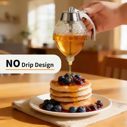 Honey Dispenser, No Drip Glass with Stand, Maple Syrup Honey Container, Elegant Honeycomb Design for Home Decor for Any Occasion
