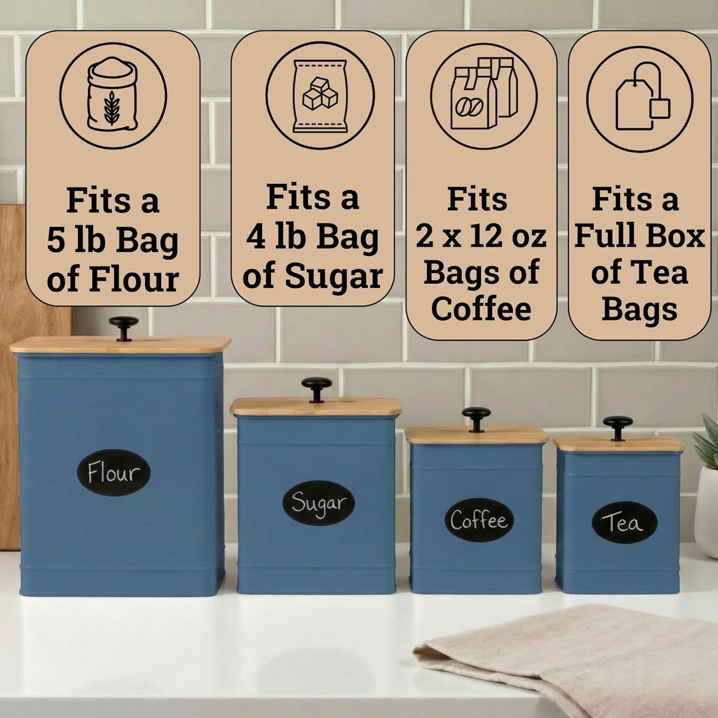 Kitchen Canisters for Countertop Set of 4 with Customizable Chalkboard Labels & Marker Pen - Big Iron Kitchen Canisters with Airtight Lids - Sage Green Canister Set - Flour and Sugar Containers