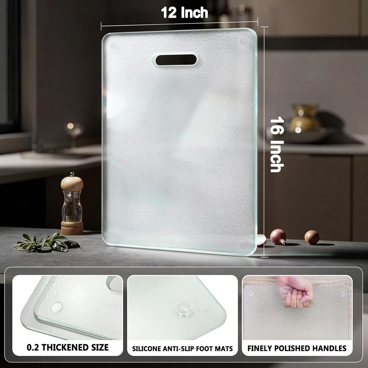 Tempered Glass Cutting Board for Kitchen, 2PCS Clear Chopping Board with Handle (16"x12" & 12"x8"), Plastic Free, Scratch Resistant, Heat Resistant, Dishwasher Safe, Non-toxic, Easy to Clean