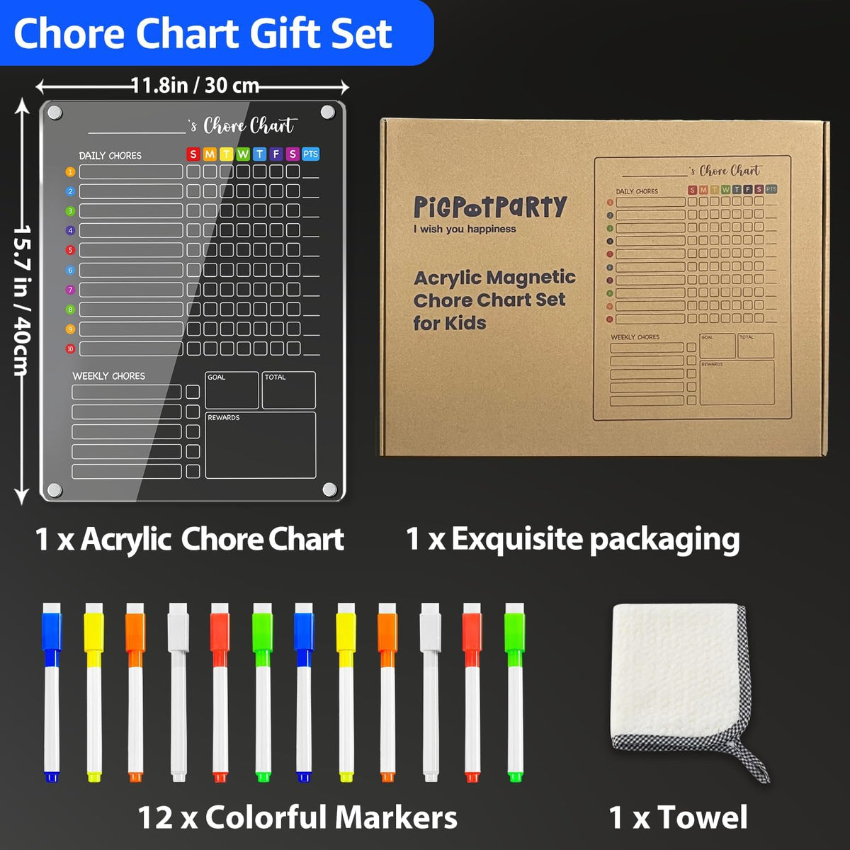 PigPotParty 2-in-1 Acrylic Magnetic Chore Chart for 2 Kids, Couples, Roommates, 15"x11" Large Dry Erase Chore Board for Fridge, Clear Weekly & Daily Reward Chart, Includes 12 Markers & Towel