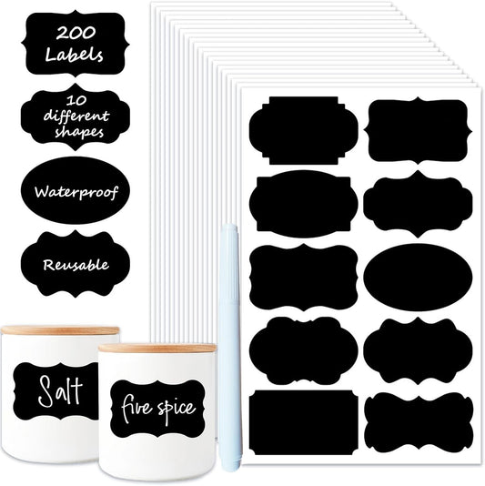 200PCS Chalkboard Labels, Waterproof Reusable Labels with 1 Erasable Pen, Removable Blackboard Label Stickers for Food Containers, Storage Bins, Jars, Kitchen Spice Label (Black)