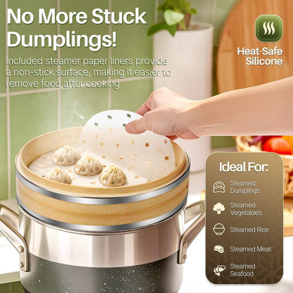 Flexzion Bamboo Steamer Basket Set (8 inch), 50 x Steamer Liners and 2 Pairs of Chopsticks, Steam Baskets for DimSum Dumplings, Rice, Vegetables, Fish and Meat