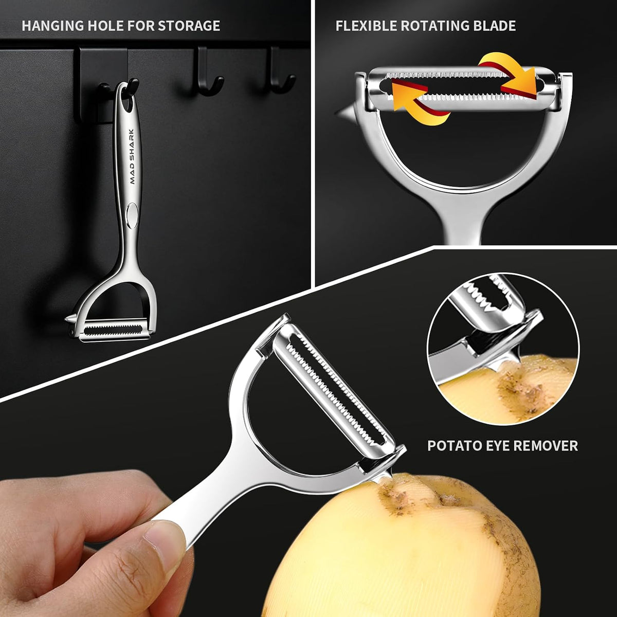 MAD SHARK Ultra Sharp Vegetable Peelers for Kitchen 10 Years No Rust Stainless Steel Serrated Potato Peeler Easy to Use Y Peeler with Durable Non-Slip Ergonomic Grips for Carrots, Fruits, Veggie